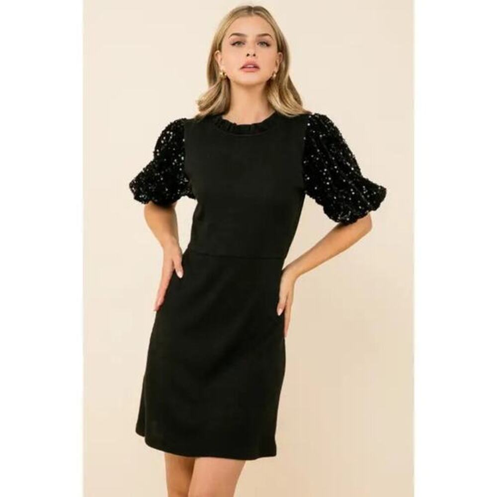 NWT THML Little Black Dress Womens S Mini Knit Sequin Sleeve Party‎ Cocktail